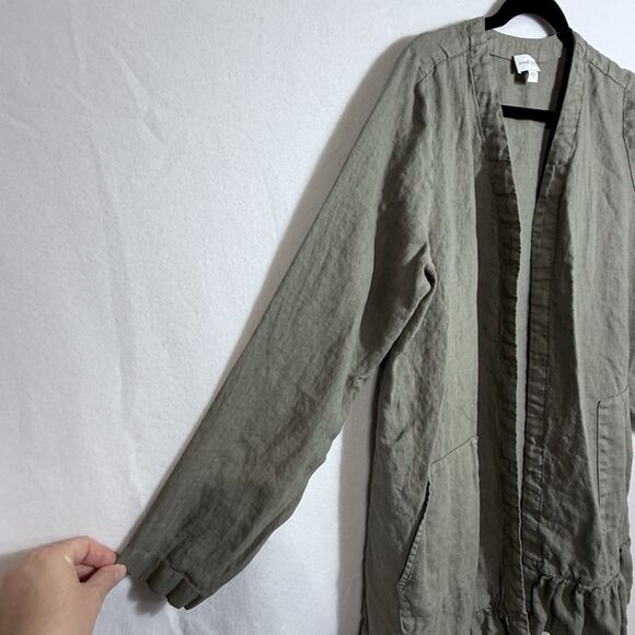 J. Jill Pure Jill Olive Green Linen Open Front Cardigan Coatigan Ruffle Size M - Picture 5 of 11